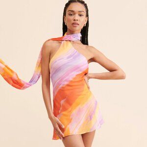 NWT Commense Sunny Semi-Sheer Halter Tie-Dye Scarf Mini Dress